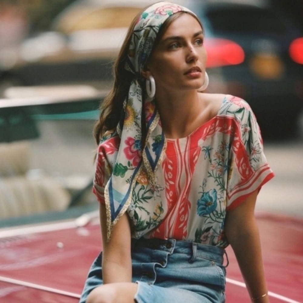 Maeve Floral Cream and Red Short-Sleeve Blouse